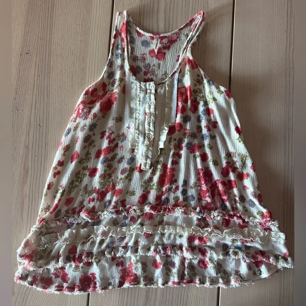 Free People Floral Ruffle Tiered racerback cream with red flowers- Size Small